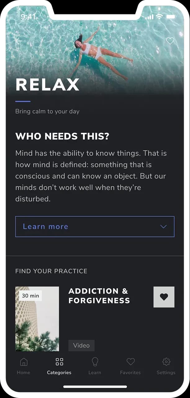 Mobile app relaxation categories screen