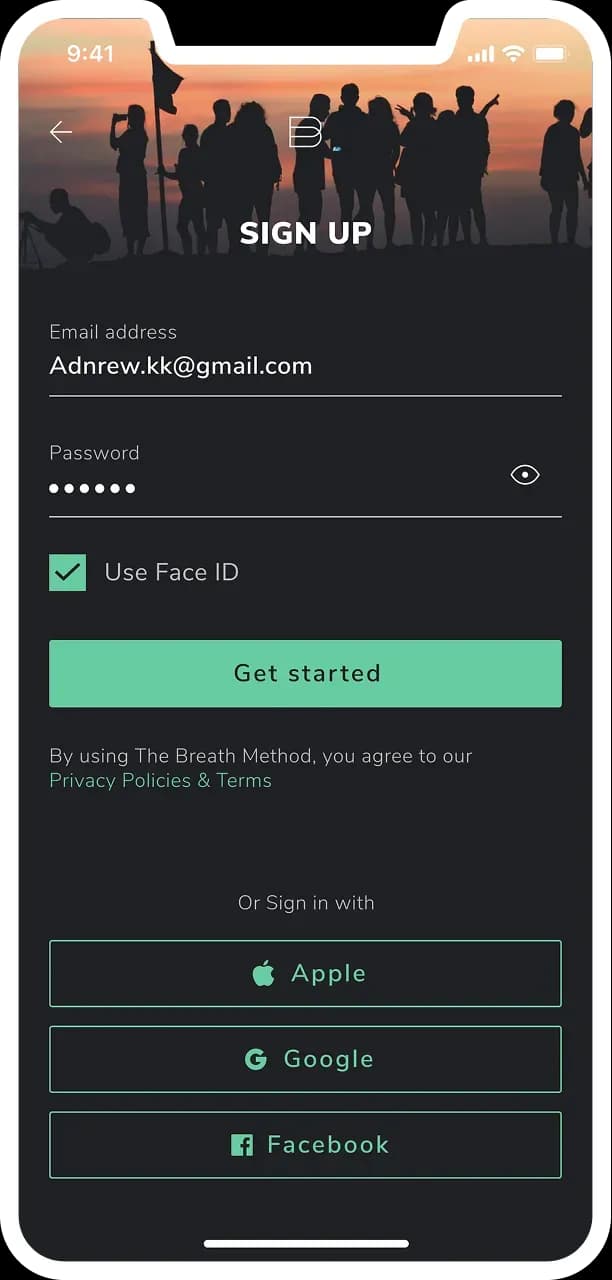 Mobile app sign-up screen with email and password fields