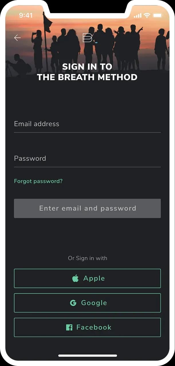 Mobile app sign-in screen for The Breath Method