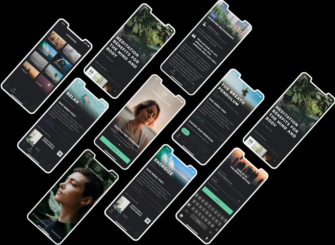 Mobile app screens for meditation and wellness