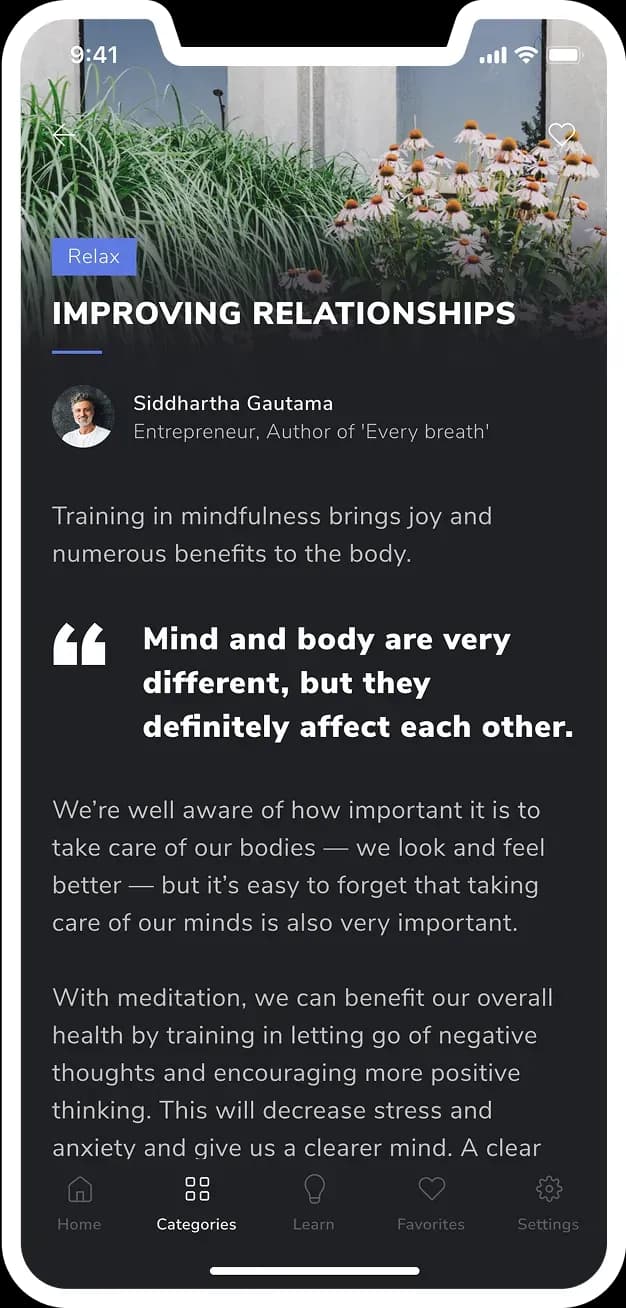 Mobile app screen on improving relationships through mindfulness