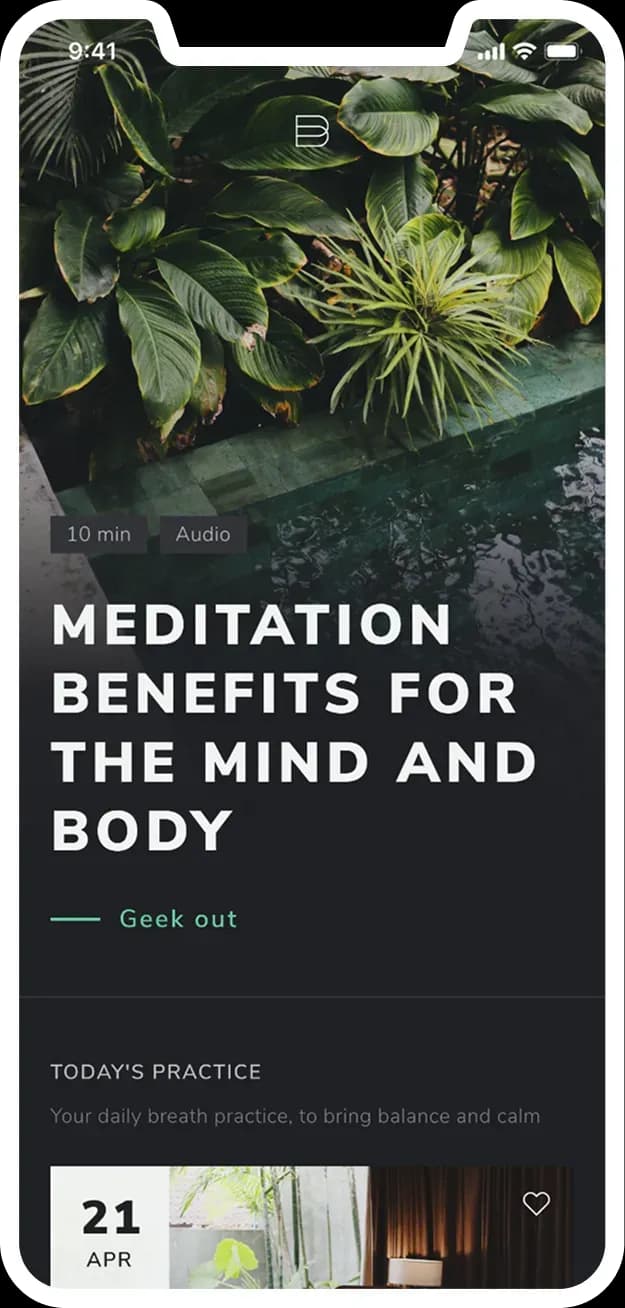 Meditation app home screen with foliage background