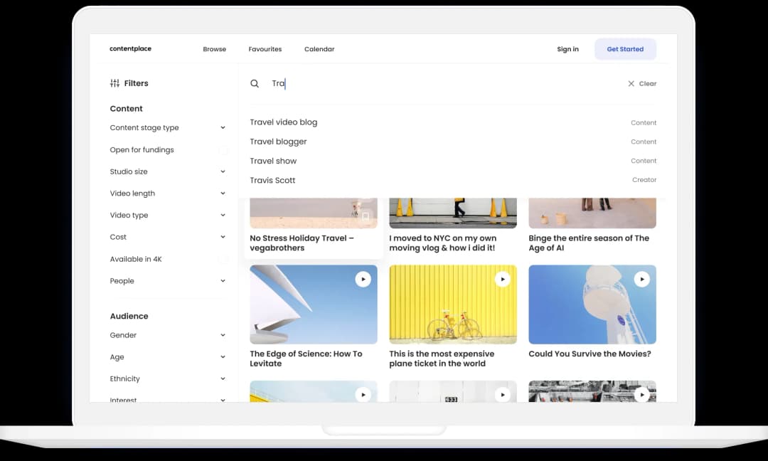 Content search and filter interface