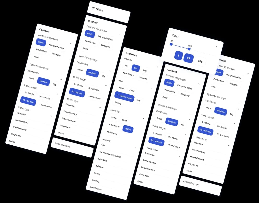 Filter options for content cost and audience demographics