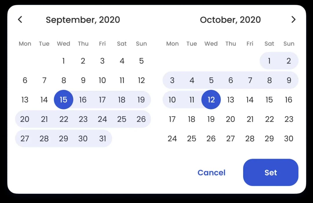 Date selection calendar UI screen