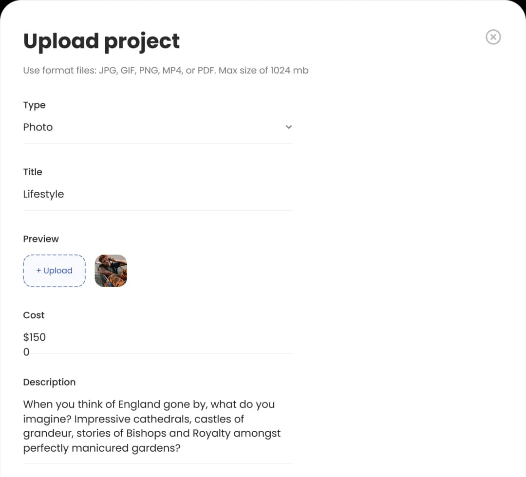 Upload project screen for photo submission