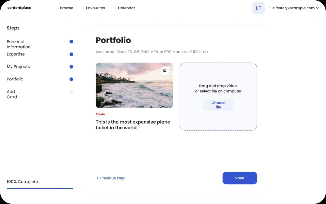 Portfolio upload screen with file selection option