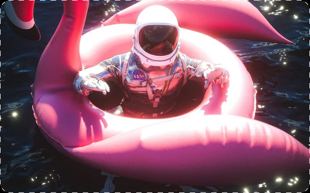 Astronaut in flamingo pool float