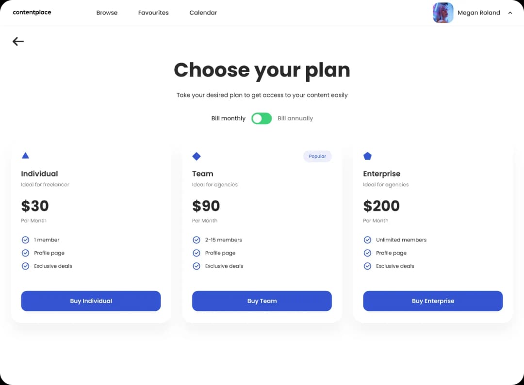 Subscription plan selection screen for content service