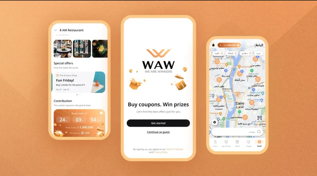Mobile app interface showcasing promotional features and map navigation