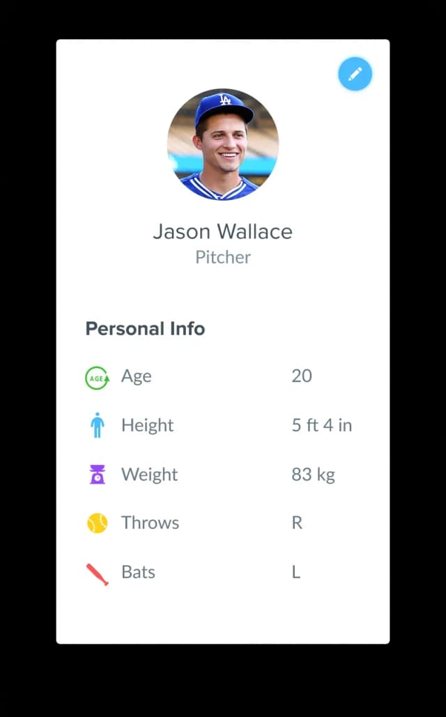 Player profile screen for a pitcher