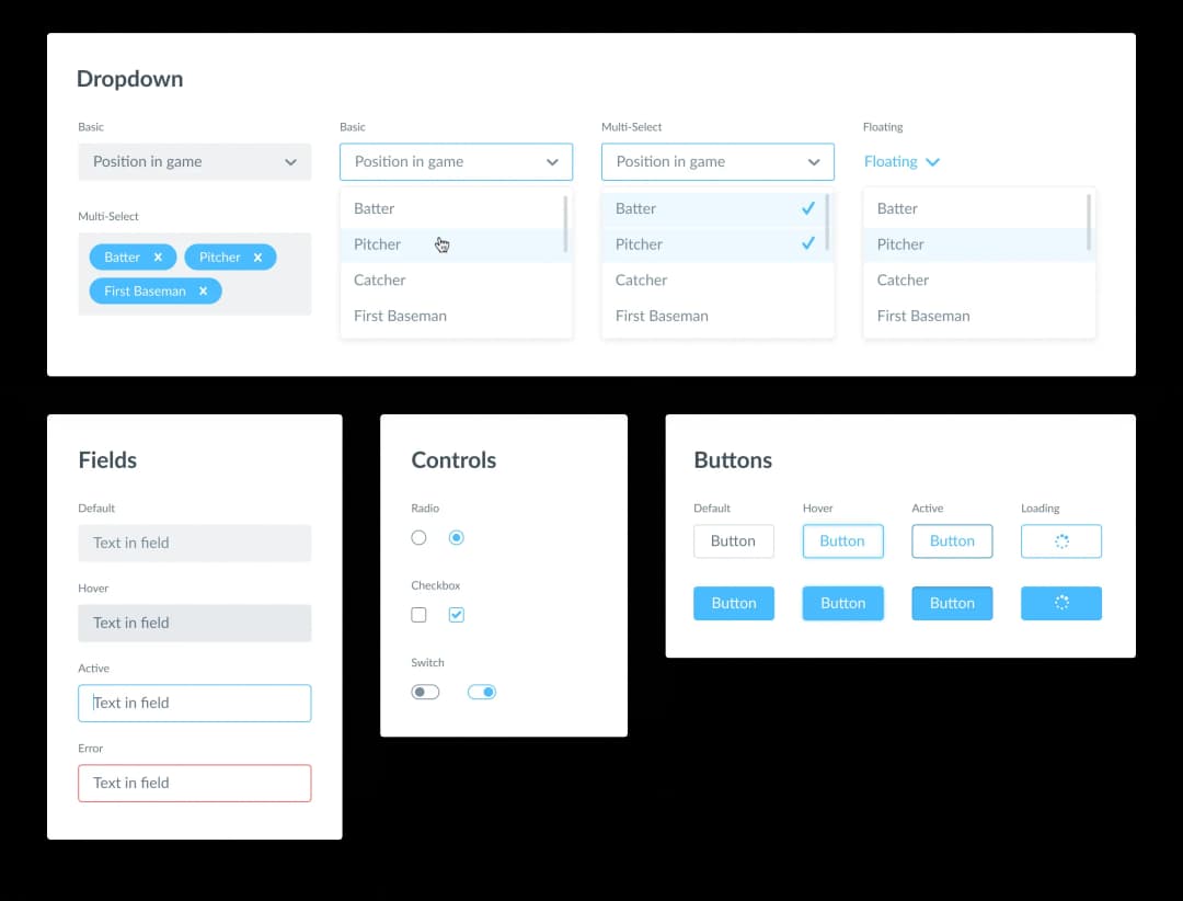 UI components for dropdowns, buttons, and form fields