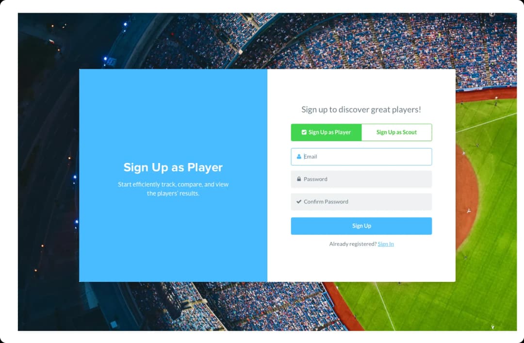Player sign-up screen for a sports app