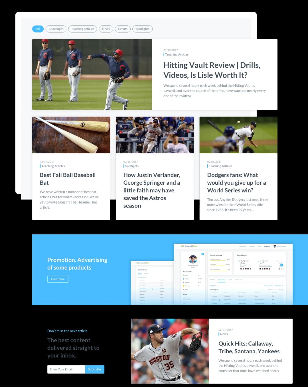Sports news and articles layout with images