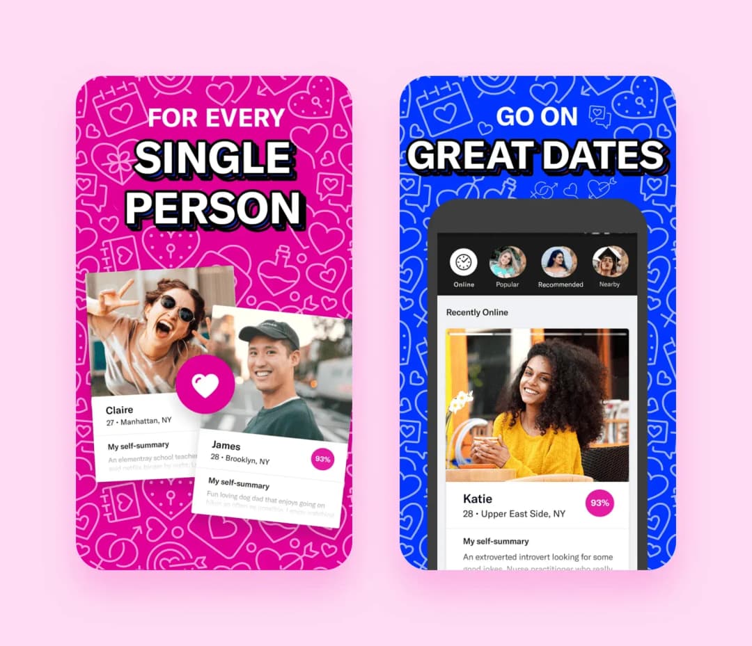 OkCupid app screens: 'For every single person' profiles and 'Go on great dates' online matches