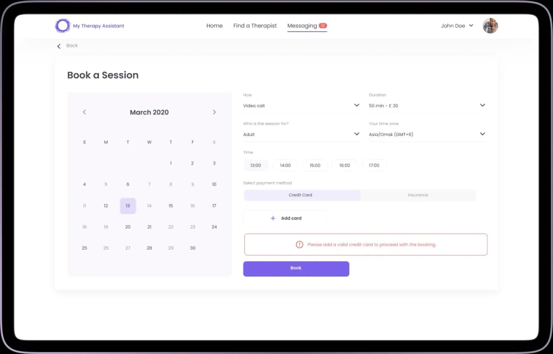Therapy session booking screen with calendar