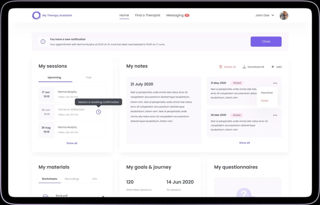 Therapy assistant app dashboard layout