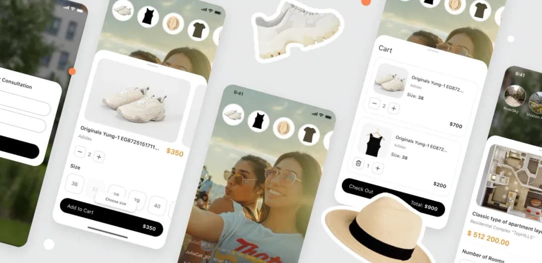 Angled collage of ecommerce app screens: sneaker product page, cart with $900 total and a story feed