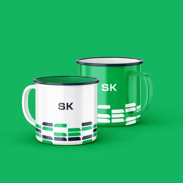 Mugs with SK branding on green background