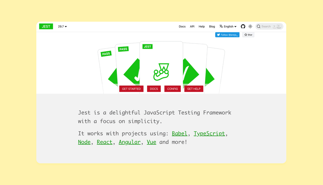  главная страница jestjs.io с описанием фреймворка для frontend-тестирования Jest