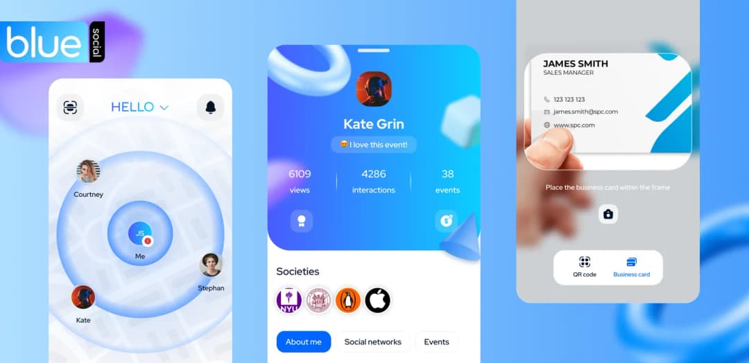 три экрана приложения Blue Social; дизайн разработали Purrweb