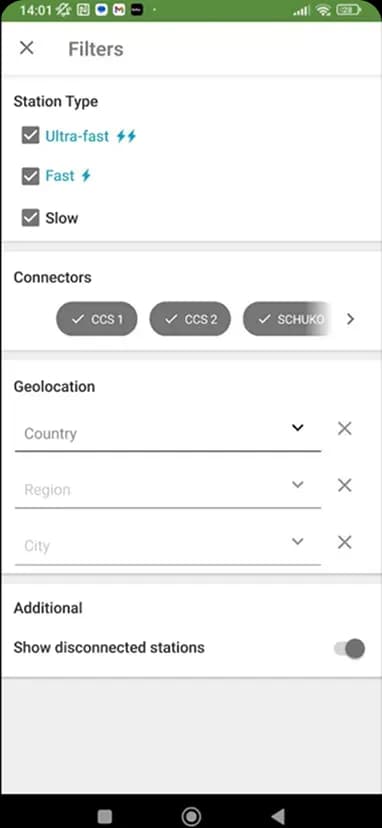 Charging station filter settings screen