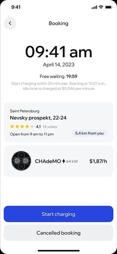 Mobile app booking screen for charging station