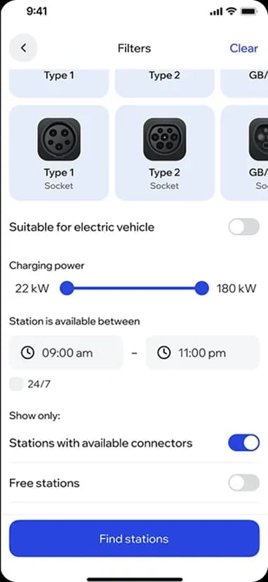Electric vehicle charging station filter options screen