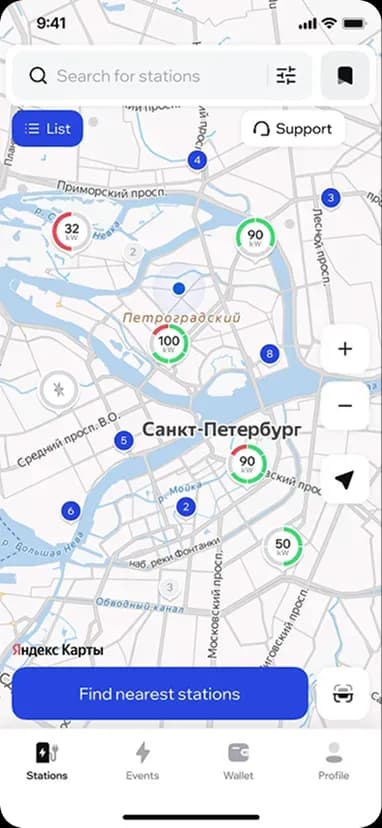 Map screen showing nearby station locations