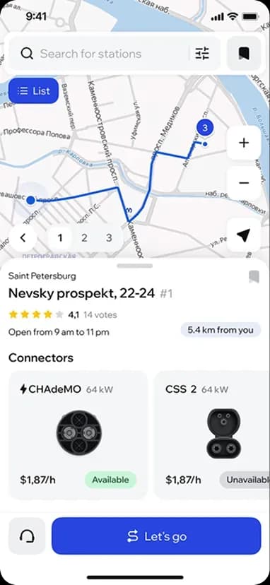 Mobile app route map with charging station details