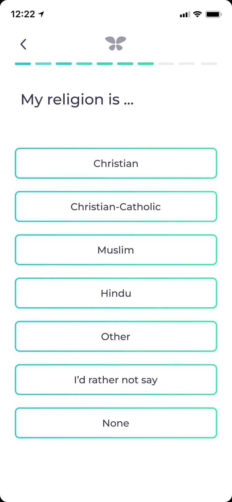 Religion selection screen in mobile app
