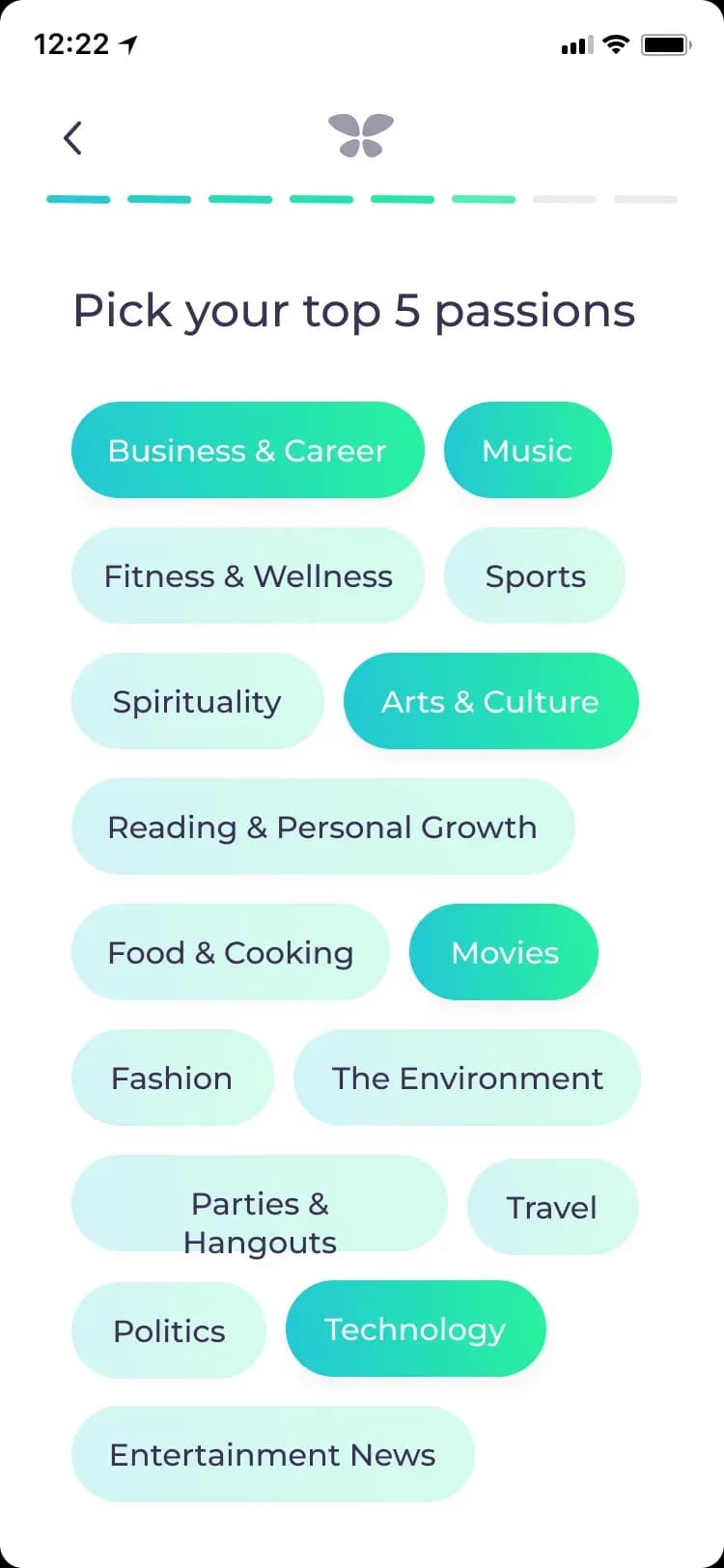 Mobile app passion selection screen