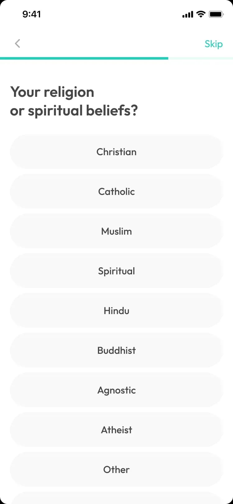 Mobile app religious preferences selection screen