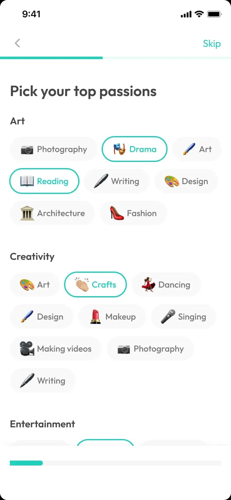Mobile app passion selection screen