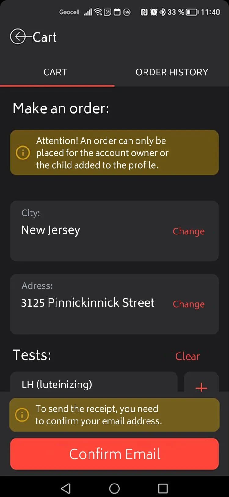 Cart checkout screen with order details