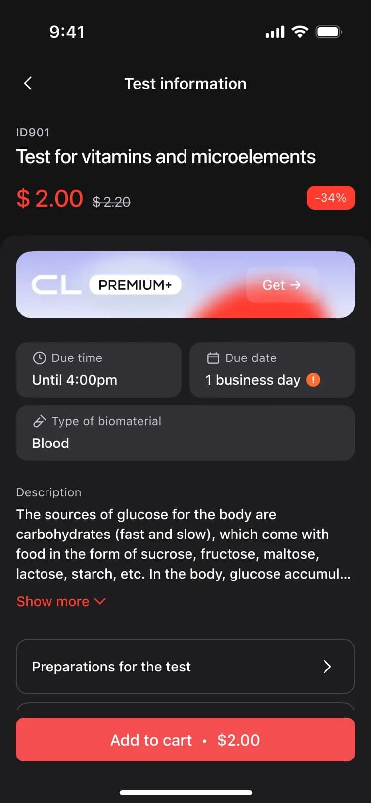 Mobile app test information screen for vitamins and microelements