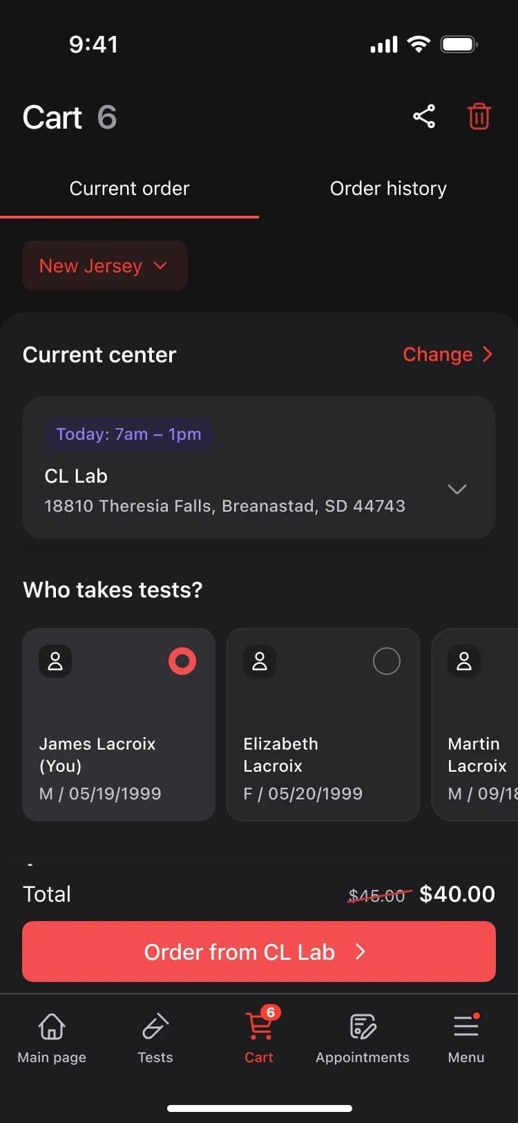 Mobile app cart screen for test order
