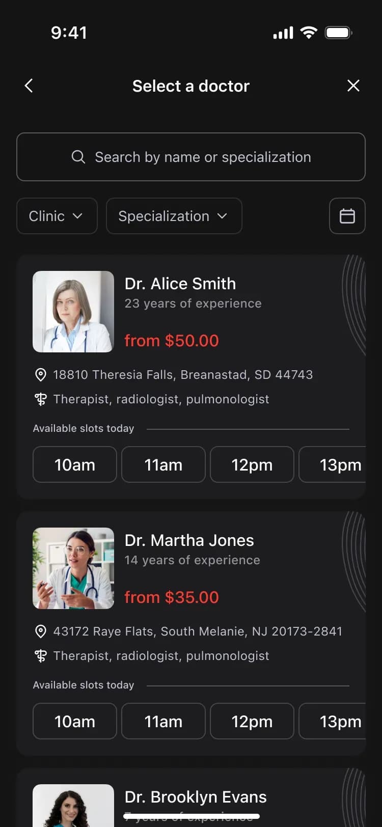 Mobile app doctor selection screen