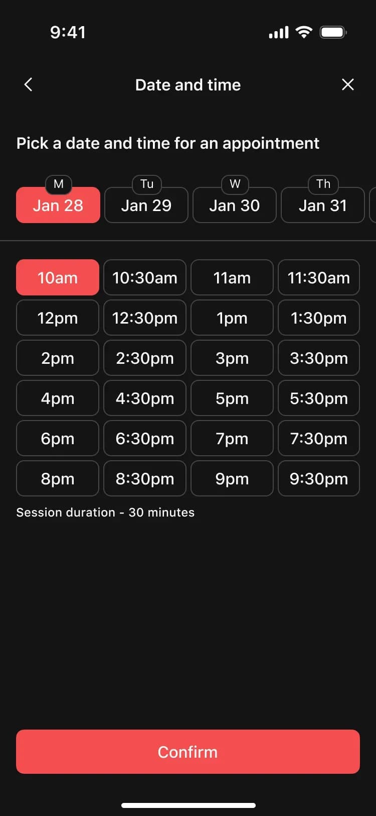 Date and time appointment scheduling screen