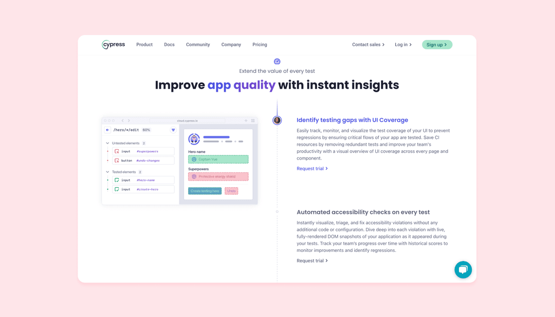 homepage of cypress.io detailing the benefits of Cypress for automated tests 