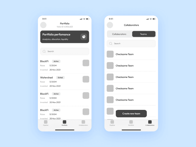 Example of wireframes for a fintech app