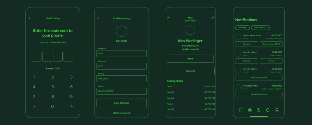 Mobile app verification and user profile screens