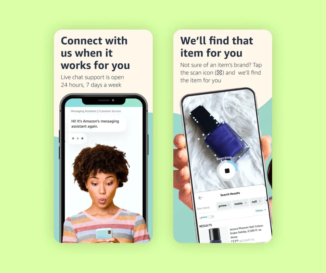 Amazon Shopping app: 24/7 live chat assistant and visual scan search finding a nail polish item