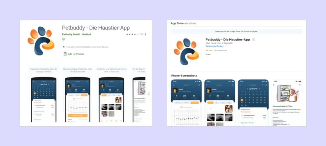Petbuddy app store listings: Google Play and Apple App Store pages with screenshots and ratings