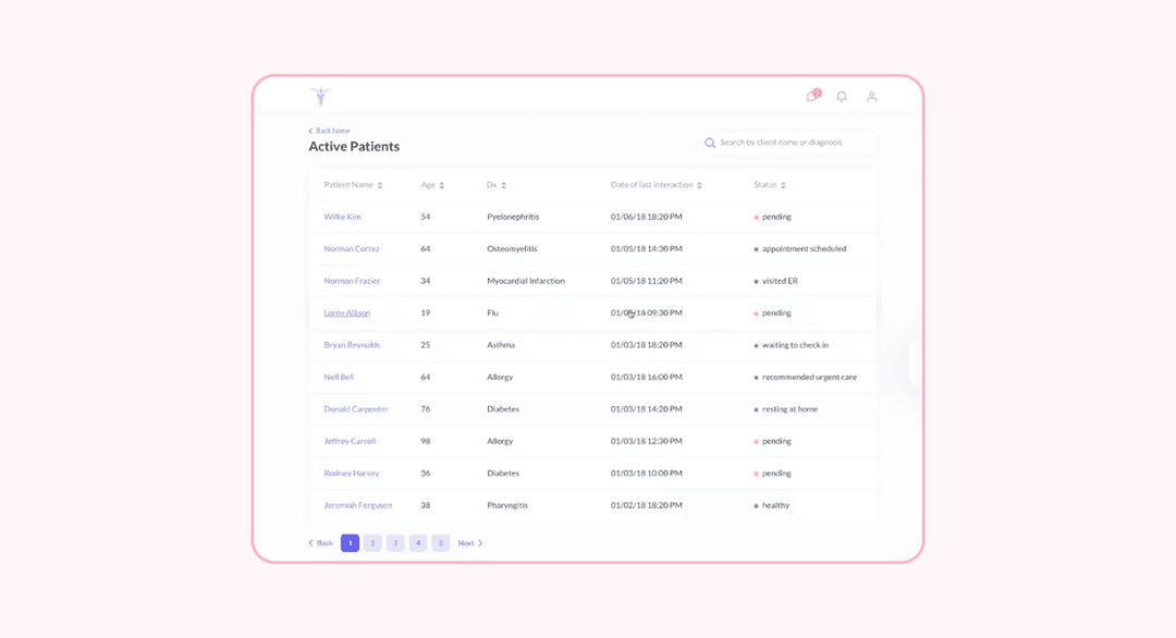Страница базы данных пациентов в приложении Lytic Health