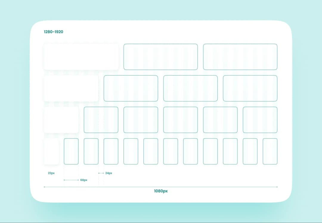 Responsive grid layout for 1280-1920px with 1080px content width, 22, 68 and 24px spacing