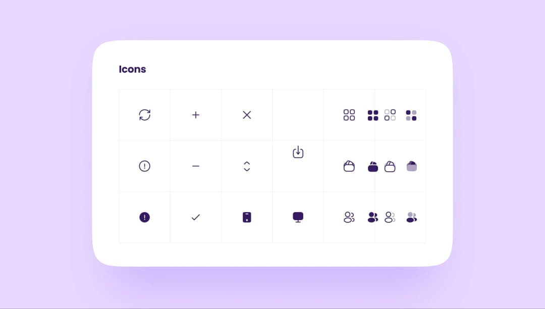 UI icon set: refresh, add, close, download, alert, check, phone, monitor and user group variants