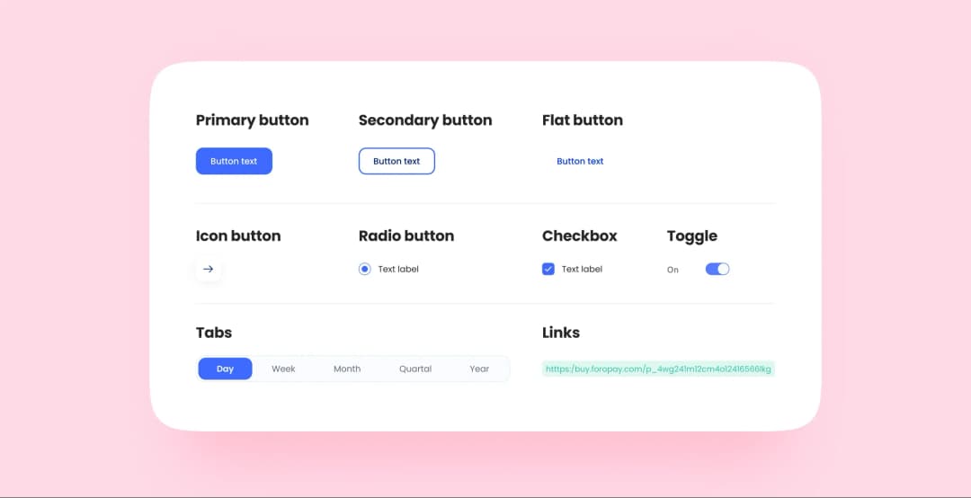 UI kit controls: primary, secondary and flat buttons, radio, checkbox, toggle, tabs and links