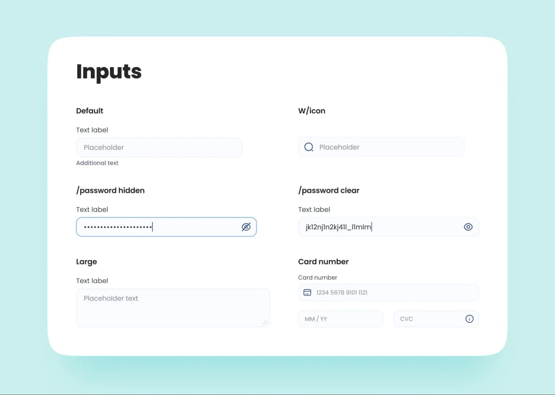 Input fields: default, with search icon, hidden and visible password, large textarea and card number
