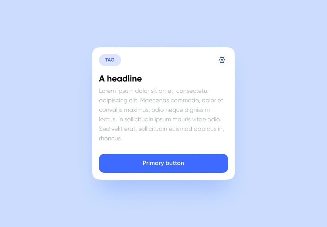 Card component with TAG label, headline, body text and blue Primary button